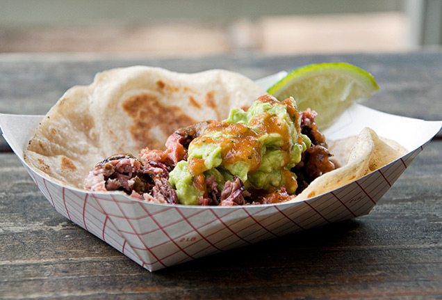 Barbeque taco from Valentina’s Tex Mex BBQ food truck in Austin, Texas
